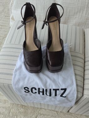 SCHUTZ Dark Brown Ankle-Strap Platform Heels